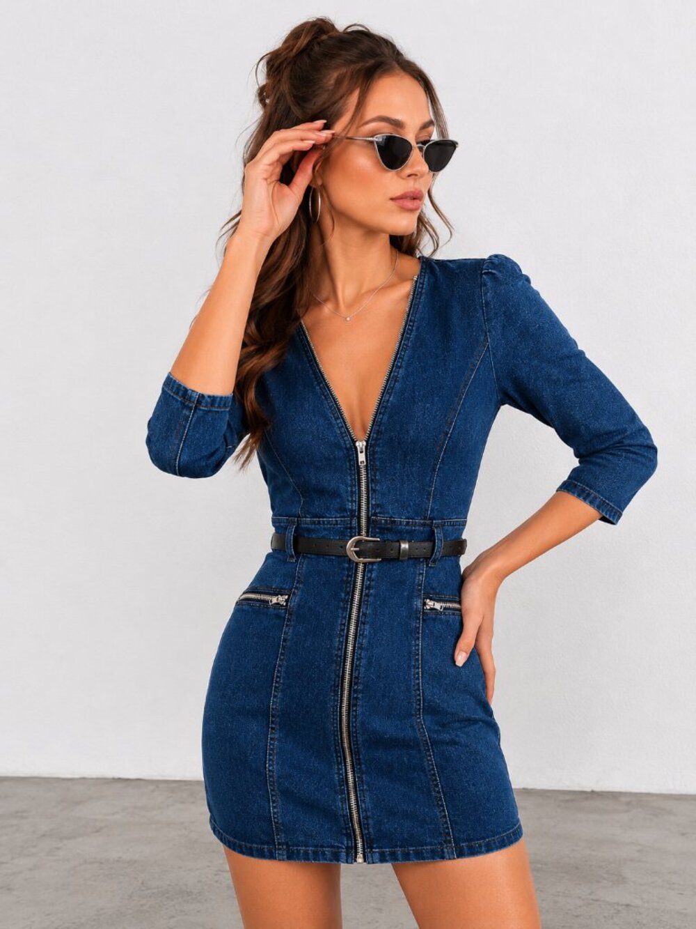Dark Wash Denim Mini Dress Lace Up Open Back Belted NWT